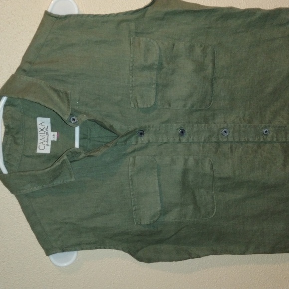 Olive Green 100% linen Sleeveless Button Down Camixa Top XS - Picture 2 of 6